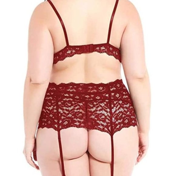 Women's Plus Size Red Lace Floral Bra Garter Belt G Sting Panty Lingerie Set - Picture 2 of 2